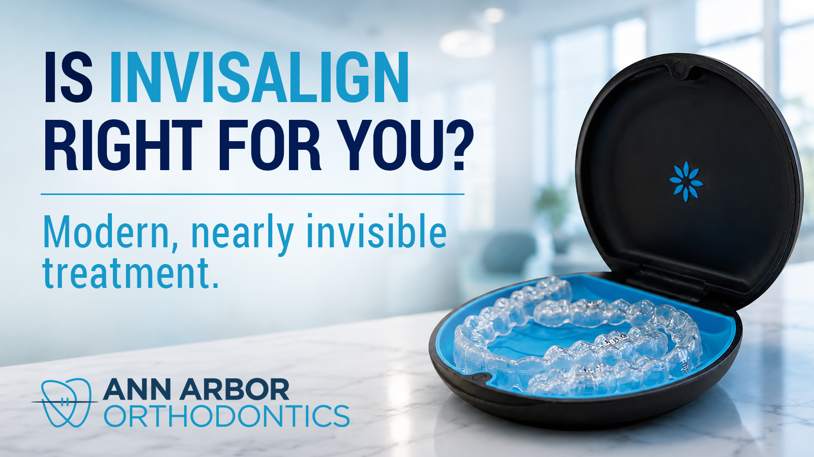 Open Invisalign aligner case displaying clear aligners, illustrating the removable clear aligner treatment offered by Ann Arbor Orthodontics.