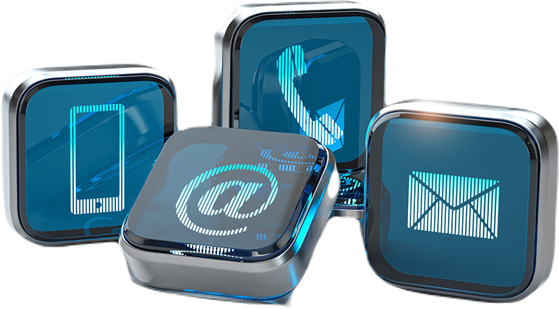buttons showing a cell phone, @ symbol, phone receiver, and envelope